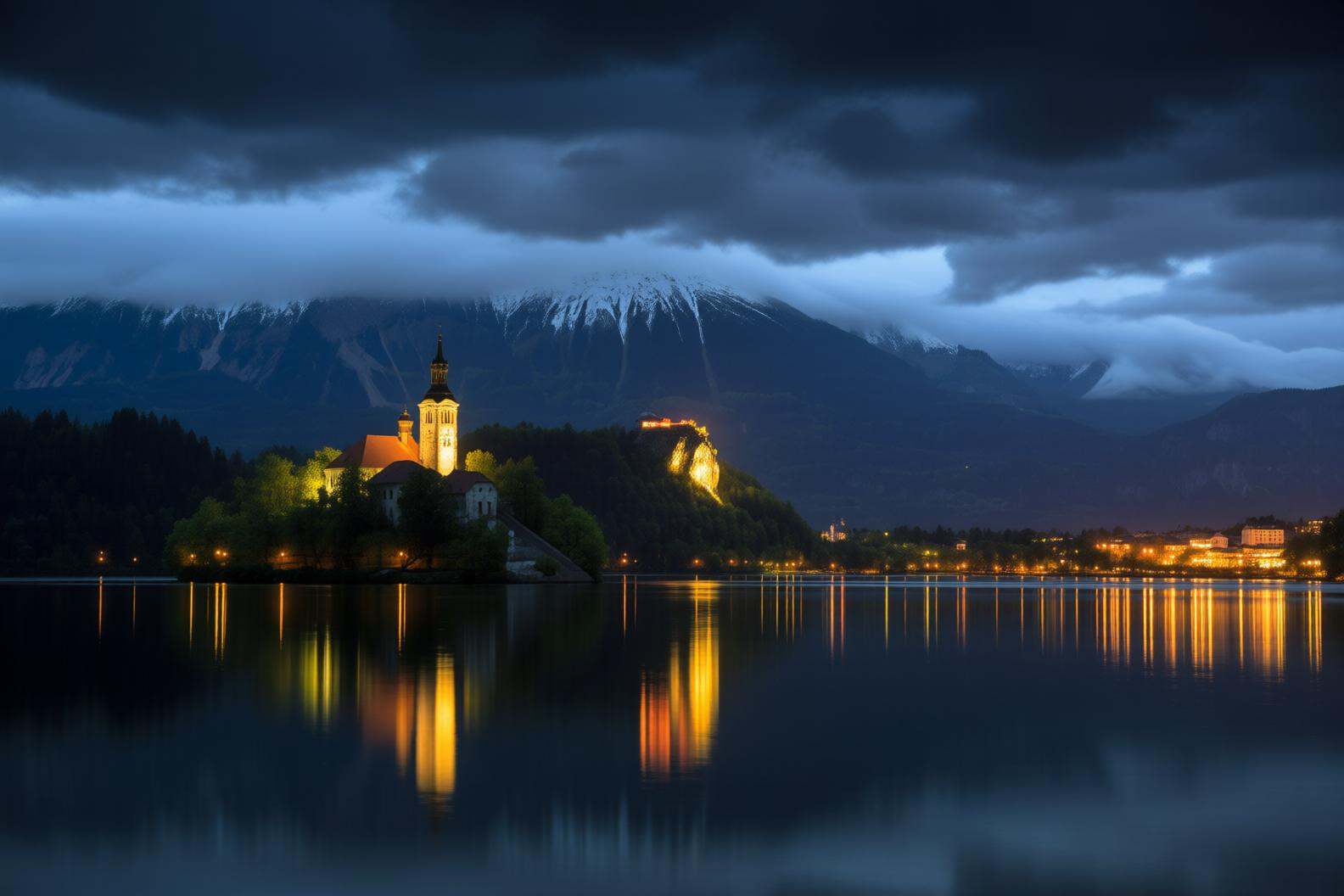 aurelmanea2q photography.A lakeside scene at dusk or nighttime. The foreground features a calm,  reflective lake with a sm...