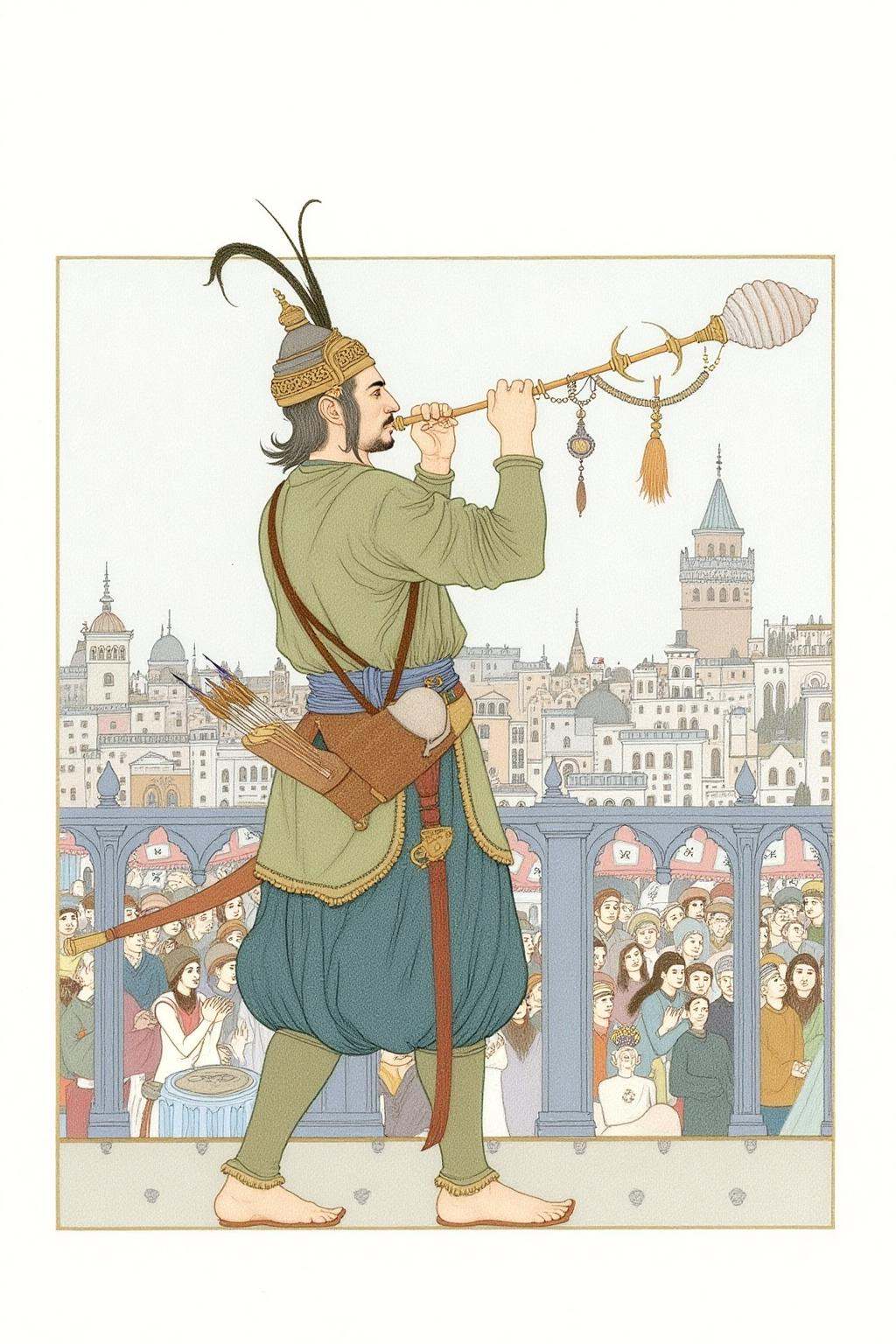 olgadugina1 illustration. A man,  shown in side profile,  is wearing traditional attire with a headdress and carrying a qu...