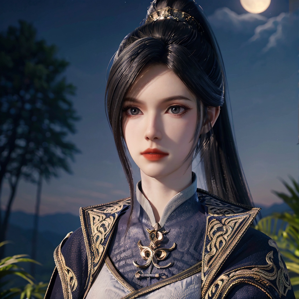 1girl,solo,ponytail,black hair,grey eyes,hair ornament,chinese clothes,cape,(looking at viewer),portrait,outdoors,night,sky,moon,scenery,forest,blurry,Highly detailed,(ultra-detailed),(best quality,masterpiece:1.5),<lora:20240930-1727706729434:0.65>,