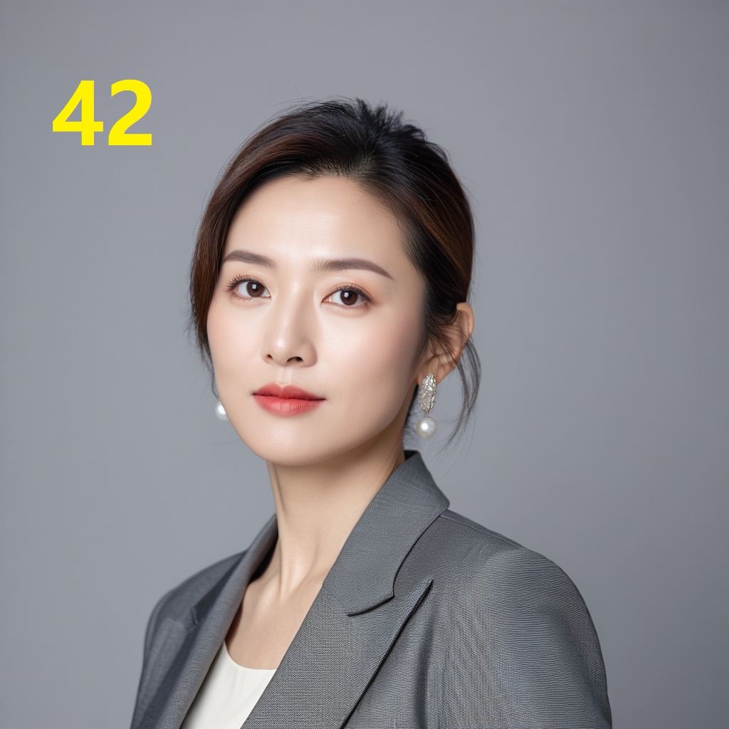 leogirl,A 42-year-old woman,portrait photo,facial focus,photo taken,fashionable and simple,Chinese ethnicity,soft gray background,natural lighting,high-resolution clarity,contemporary portrait,gentle,fashionable and avant-garde,simple accessories,details with strong contrast between skin color and neutral background,looking at the audience,