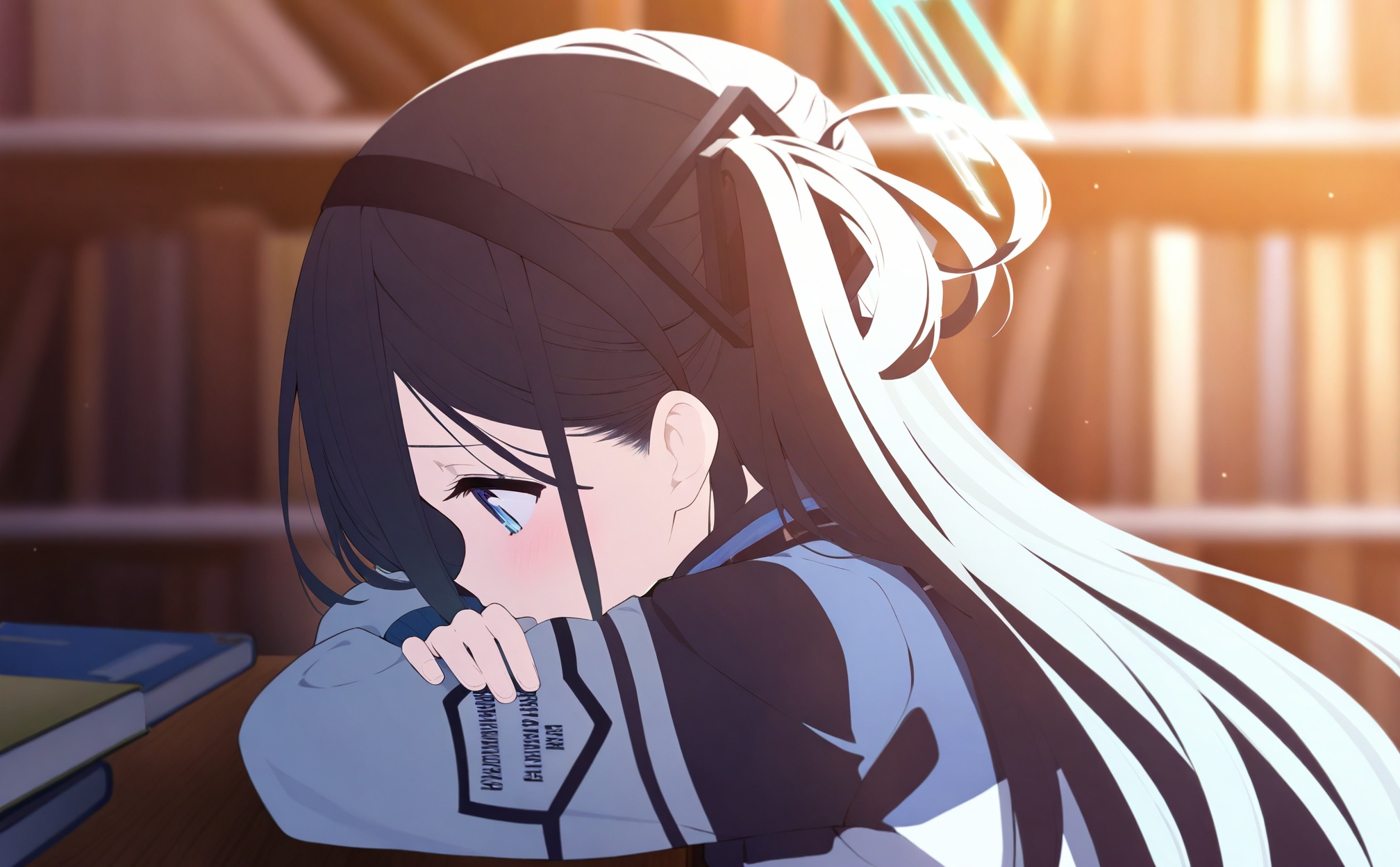 masterpiece,best quality,high quality,loli,1girl, aris (blue archive), solo, blue eyes, long hair, black hair, hairband, black hairband, bookshelf, jacket, halo, crossed arms, from side, one side up, indoors, long sleeves, dark blue hair, book, looking down, school uniform, hair between eyes, profile, blurry, blurry background