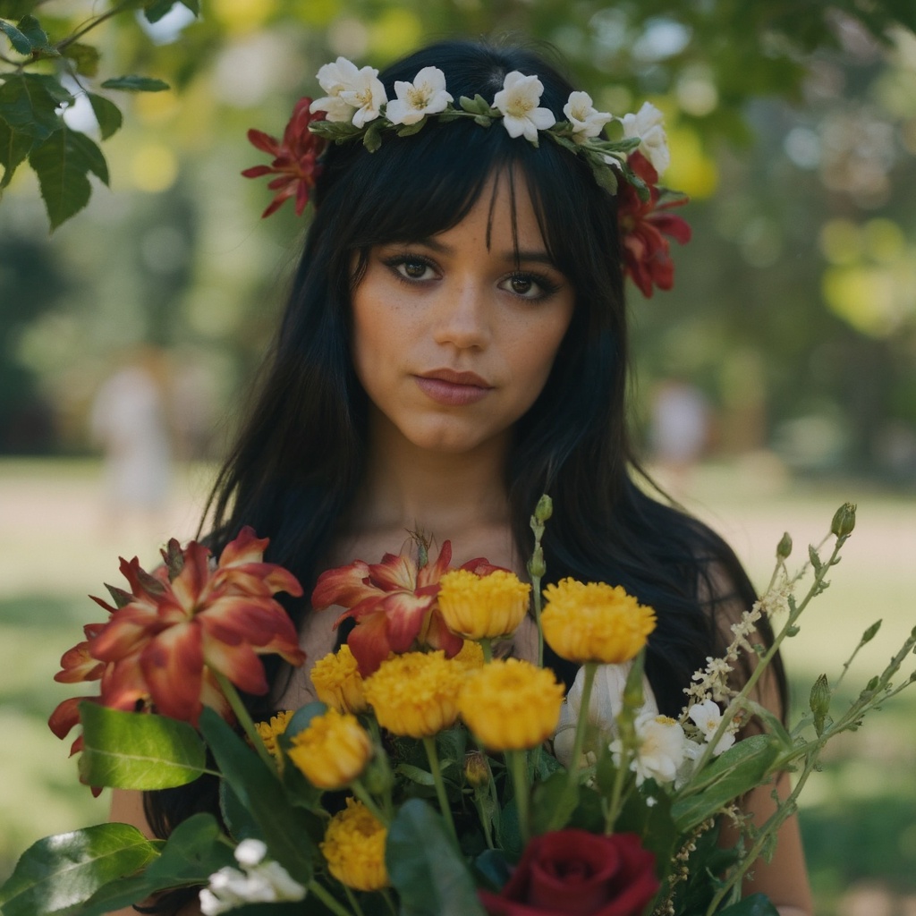 A portrait of jenna_ortega in a serene outdoor setting. She wears a floral crown of white and red flowers and holds a bouq...