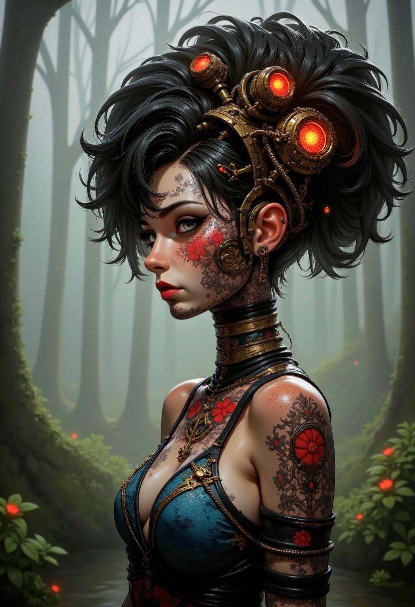 swamp,  Gothic + biomechanical HarlequinPunk model of an Astral Shaman robot voodoo geisha with a huge futuristic hairstyl...