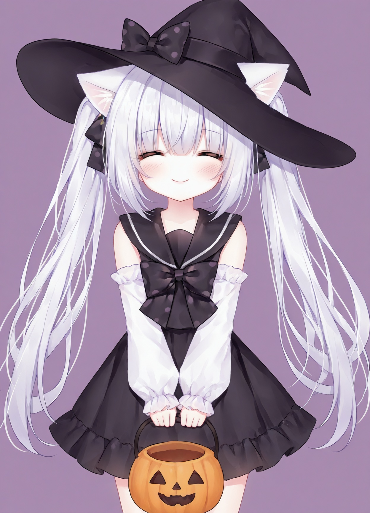 masterpiece, best_quality,high_quality,guo jiang mullay, loli,chen_bin,1girl, animal ears, hat, solo, halloween bucket, smile, witch hat, closed eyes, twintails, halloween, bow, purple background, long hair, black headwear, animal ear fluff, blush, facing viewer, cat ears, long sleeves, hair bow, sailor collar, holding, closed mouth, simple background, dress, black bow, polka dot, white sleeves, polka dot bow, white hair, black dress, puffy long sleeves, holding bucket, black sailor collar, very long hair, shirt, bat (animal), detached sleeves, ^_^, skirt, puffy sleeves, sleeves past wrists, hat bow, black skirt, sleeveless<lora:guo_jiang-R2-lokr-f4-000040:0.95>