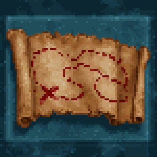 Pathfinding skill icon. HoMM2 style. Icon depicts a weathered parchment map on a teal stone background. The map features a...