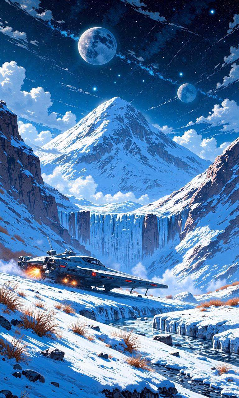 A frozen alien tundra beneath the pale light of three moons,  the icy surface glistening with frost and jagged ice formati...