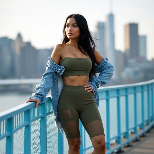 M4rM3,  full body shot,  model standing against powder blue bridge railing with left hand resting on railing and right han...