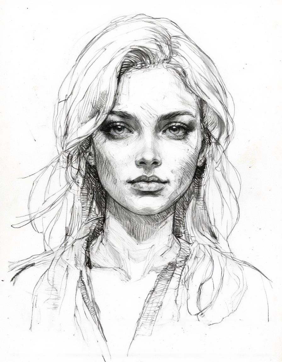 This image is a pencil drawing of a woman's head and shoulders. The artwork is rendered in a detailed,  realistic style wi...
