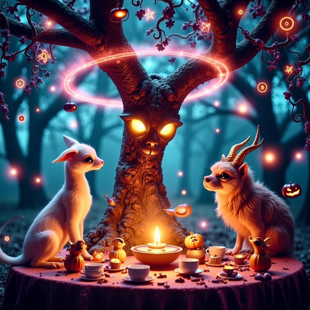 HalloweenGlowStyle analogous colors themed Fantasy scene of a celestial tea party,  featuring magical and mythical creatur...