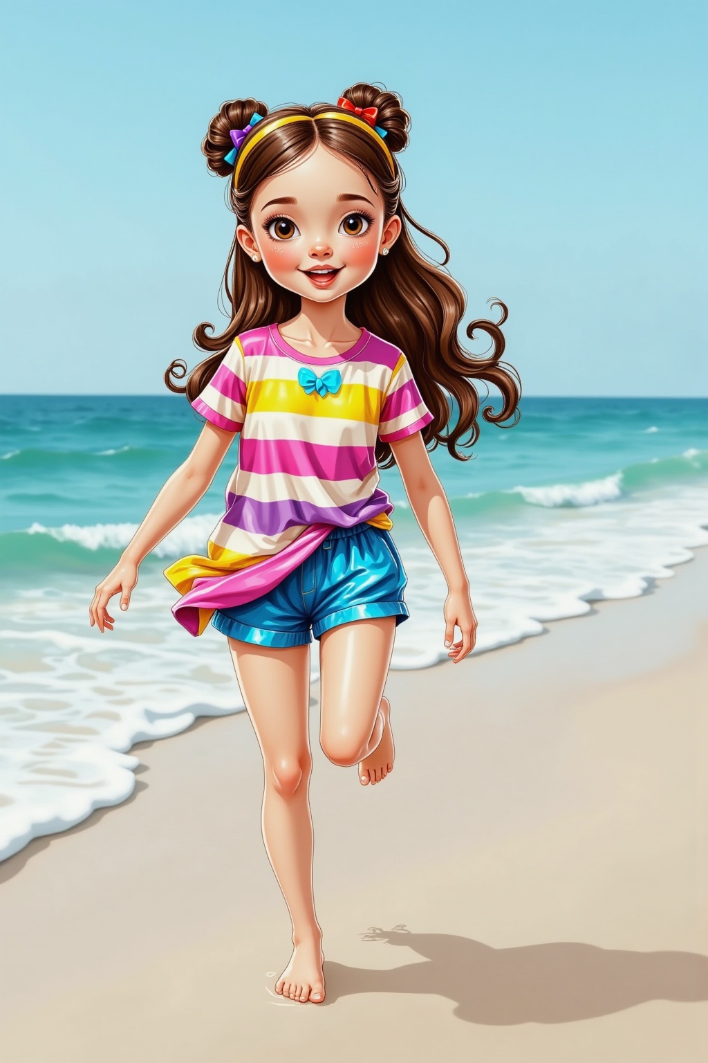 SK,SK,girls wearing colorful striped T-shirts and white shorts,on the beach. She was barefoot,chasing the waves,laughing heartily. When the waves came,she jumped high,the splash wet her skirt,and then crouched down to draw love on the beach with her fingers.,