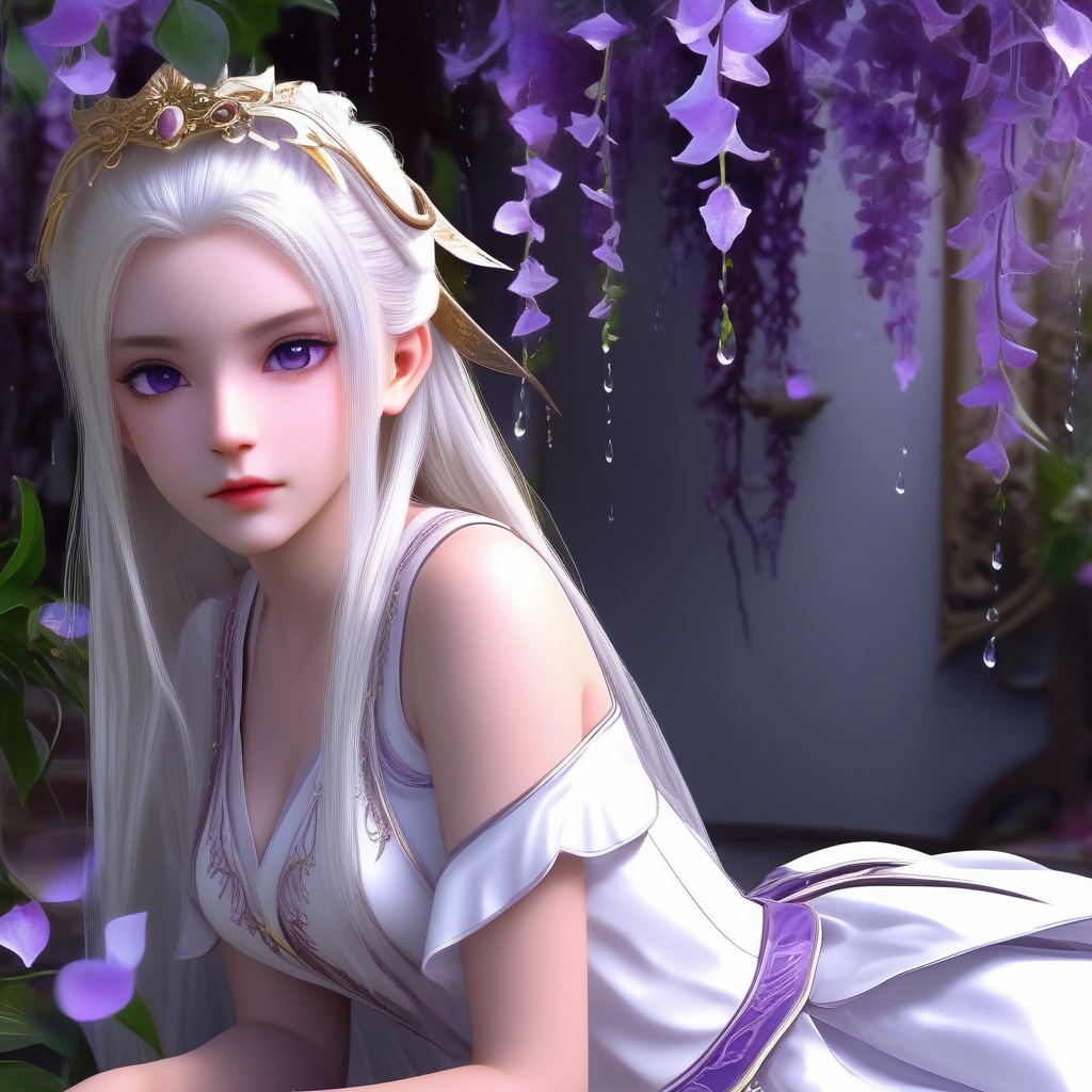 <lora:835-DA-XL-晏琉璃-婚服:0.8>, (masterpiece),(best quality),illustration,ultra detailed,hdr,Depth of field,(colorful),loli,white background,Dundar effect,a lot of purple vines,vines covering half of the painting,delicate plant details,a girl,girl,petite girl,long white hair,golden pupils,white dress,bare feet,side,side,upper body,head up,sad eyes,rain,light,figure light,petals,purple filter,left,fog,dream,unreal,Blur,float light,