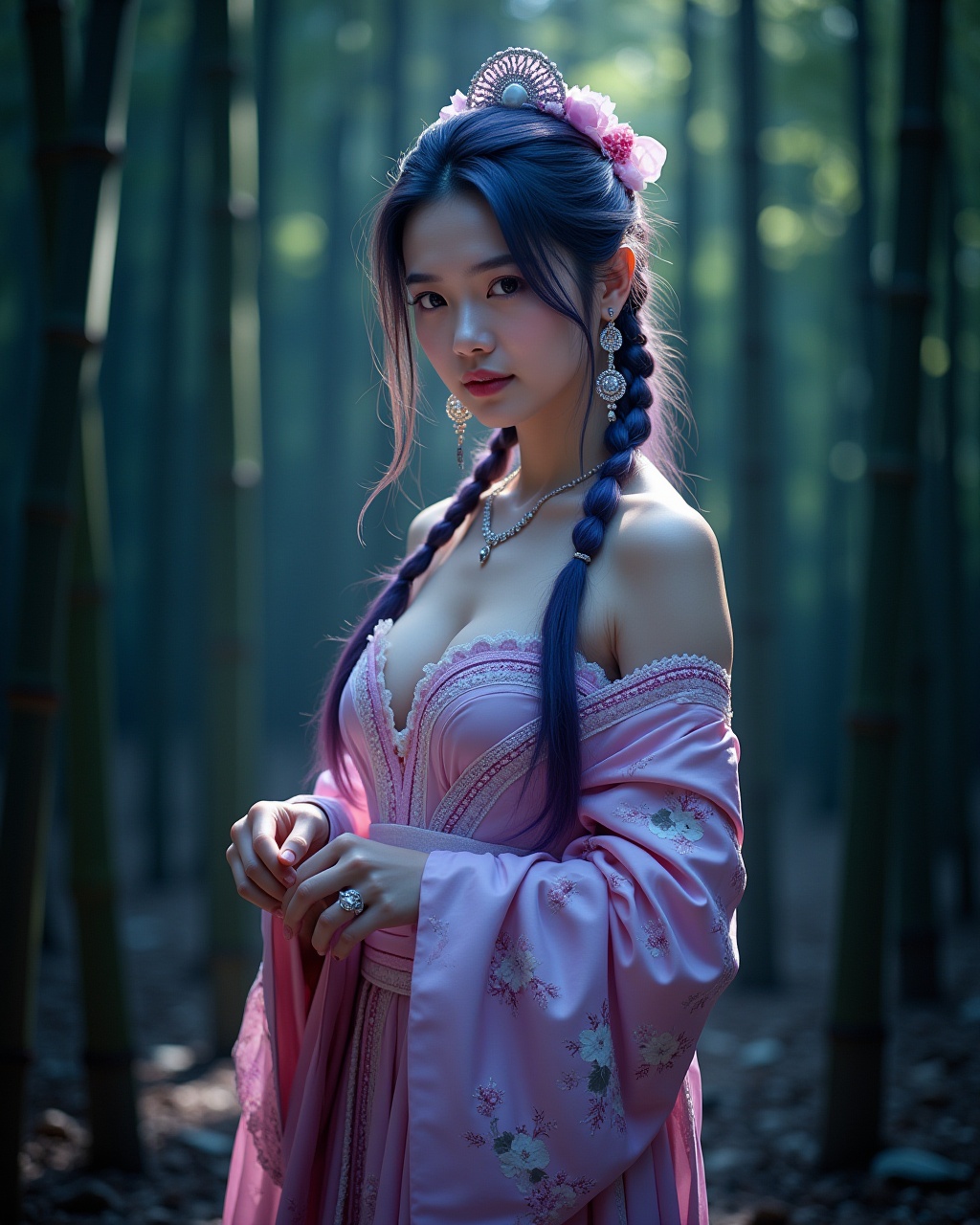 This is a portrait of a young woman set against a backdrop of bamboo forest,  with the addition of a Tyndall effect that s...