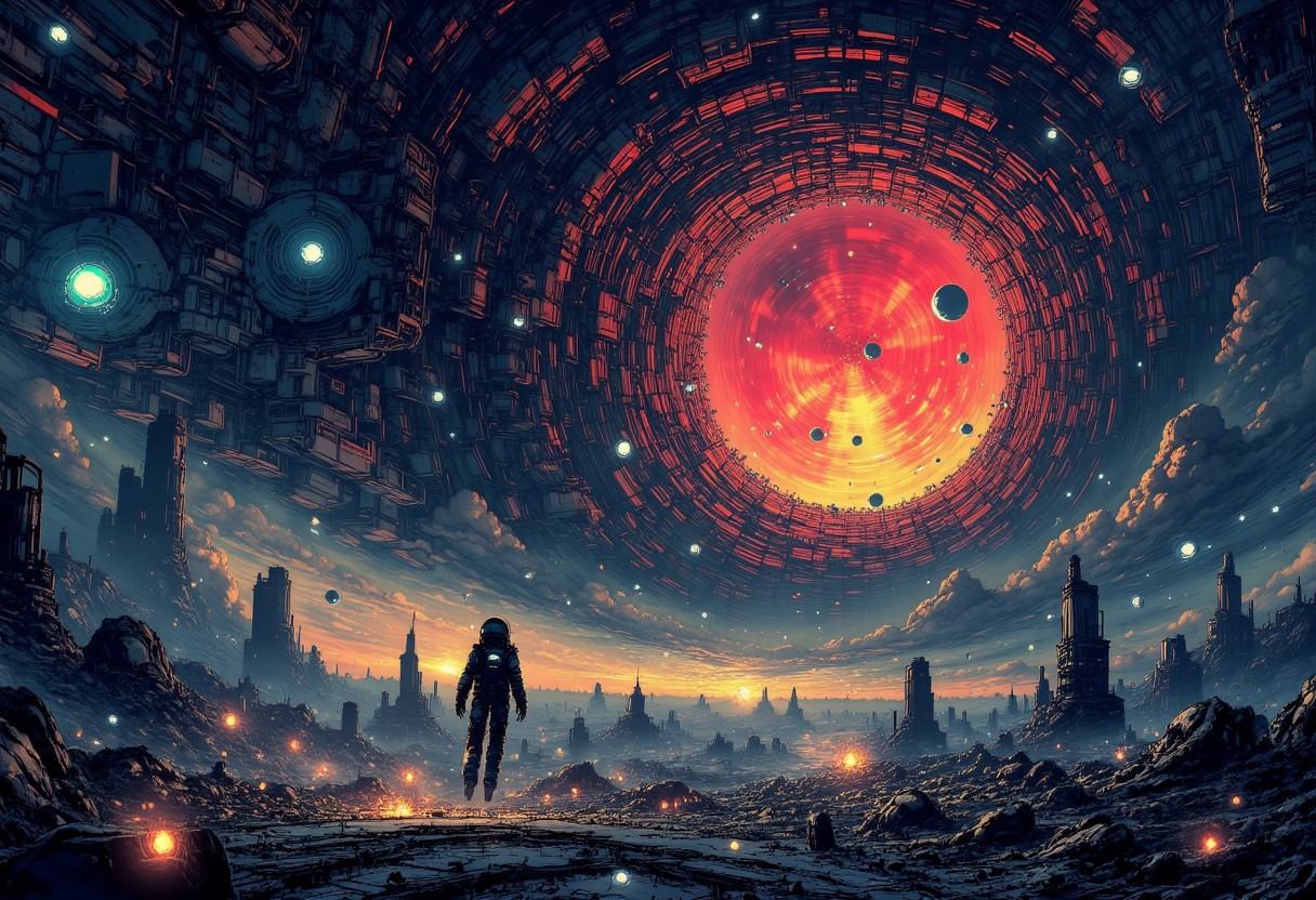 Nistyle,  Drifting silently through the vast emptiness of space,  a lone astronaut hovers weightlessly amidst the wreckage...
