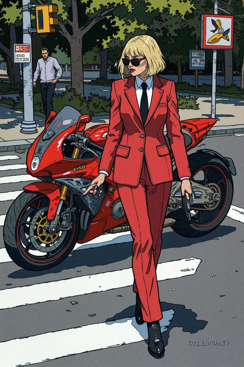 ivanbilibin1 illustration. Overhead shot of an Blonde woman walking away from a futuristic motorcycle parked at a zebra cr...