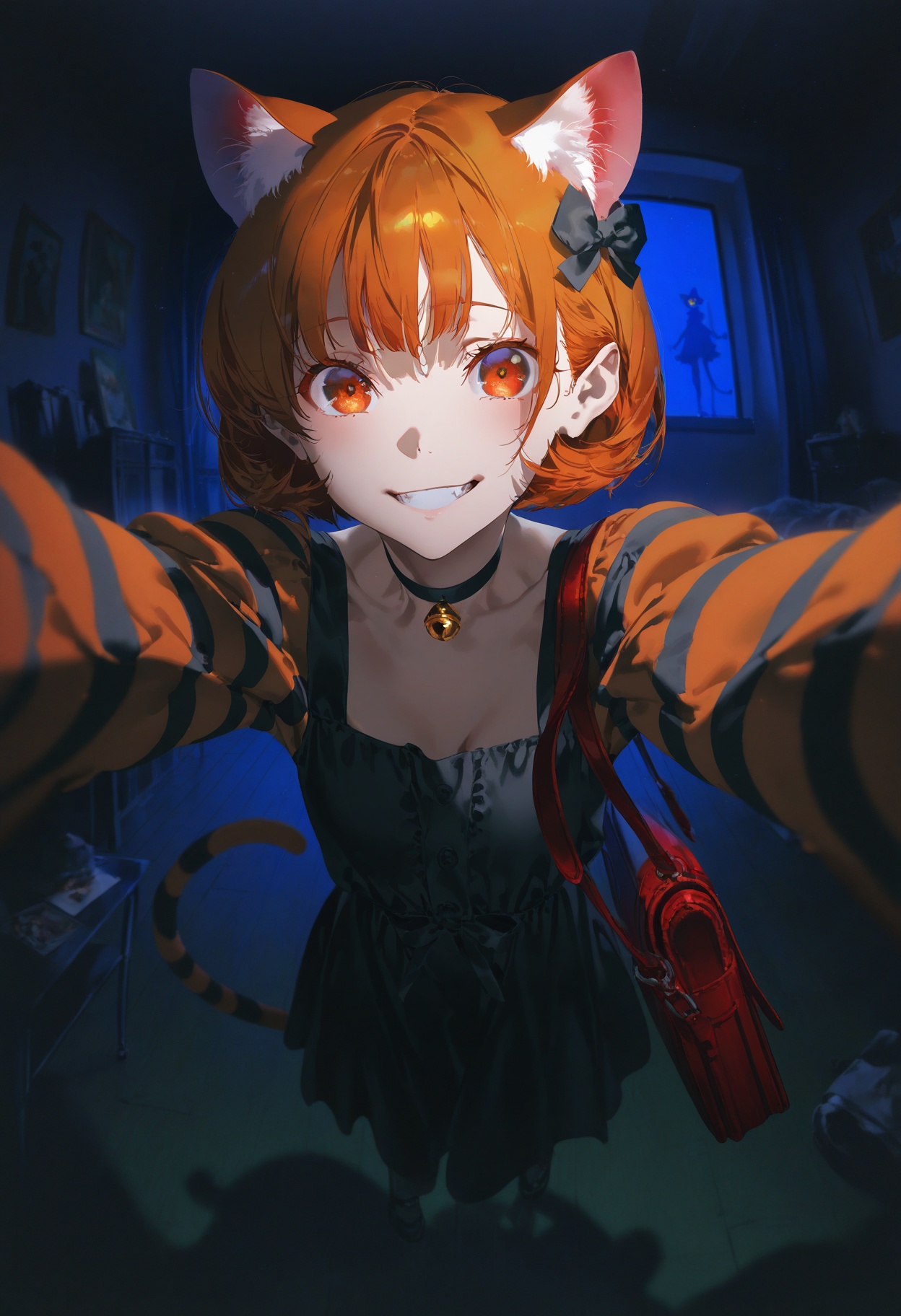 masterpiece,best quality,amazing quality,very aesthetic,absurdres,newest,impactful picture,offcial art,movie perspective,yoneyama mai,(aos:0.5),(fajyobore:0.5),(chiaroscuro:0.5),cute painting style,dark,The cute girl is holding an orange cat, smiling from ear to ear happily, the dilapidated room with garbage everywhere, strong color contrast,