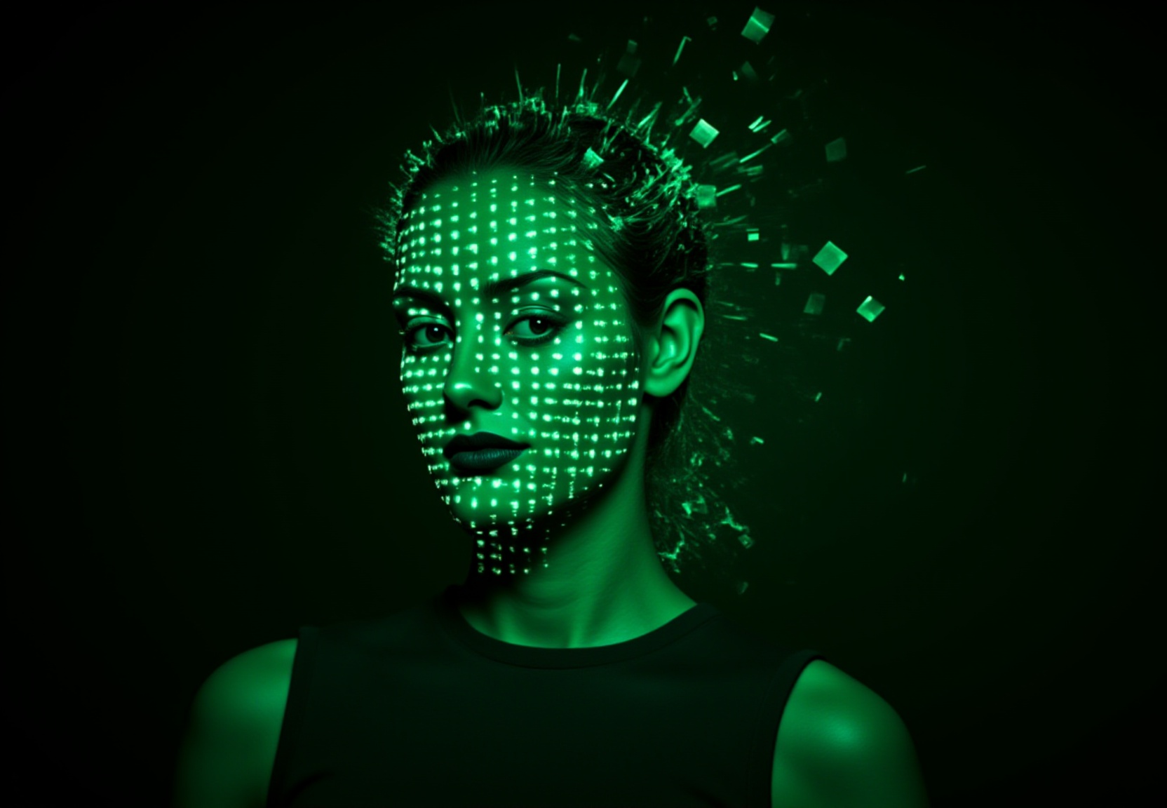 "A green explosion of squares,  geometric patterns and sharp lines that form the portrait of a woman,  visually striking a...