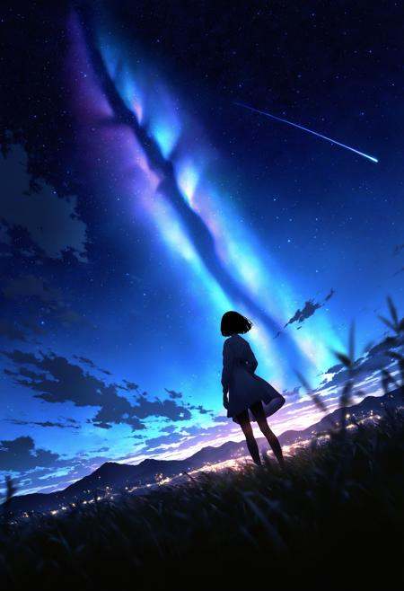 artist:[yoneyama mai|diyokama|lifeline \(a384079959\)]anime scene of a person standing in a field looking at the sky,  sta...