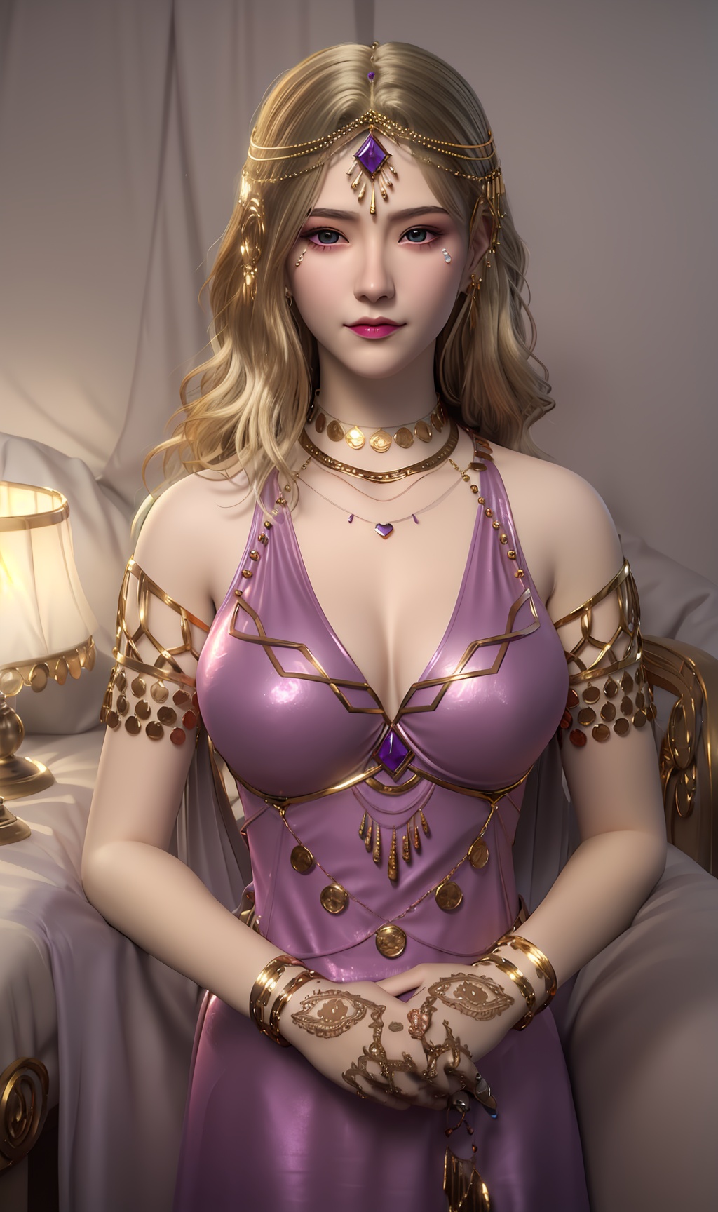 3D,masterpiece,(best quality),(makeup),official art, extremely detailed cg 8k wallpaper,((crystalstexture skin)), (extremely delicate and beautiful),(highly detailed),(face),(tiara),(gold_trim),(bracelet),(1girl), (solo), (jewelry), (earrings),(blonde_hair),(long_hair),(hair_ornament),(handwear),(breasts),(standing),((upper_body)),(closed_mouth),(long_dress),(skirt),(shiny_clothes),(city,indoor,bed),,((looking_at_viewer)),((Facing the camera)),, <lora:hipoly3DModelLora_v10:0.3>
