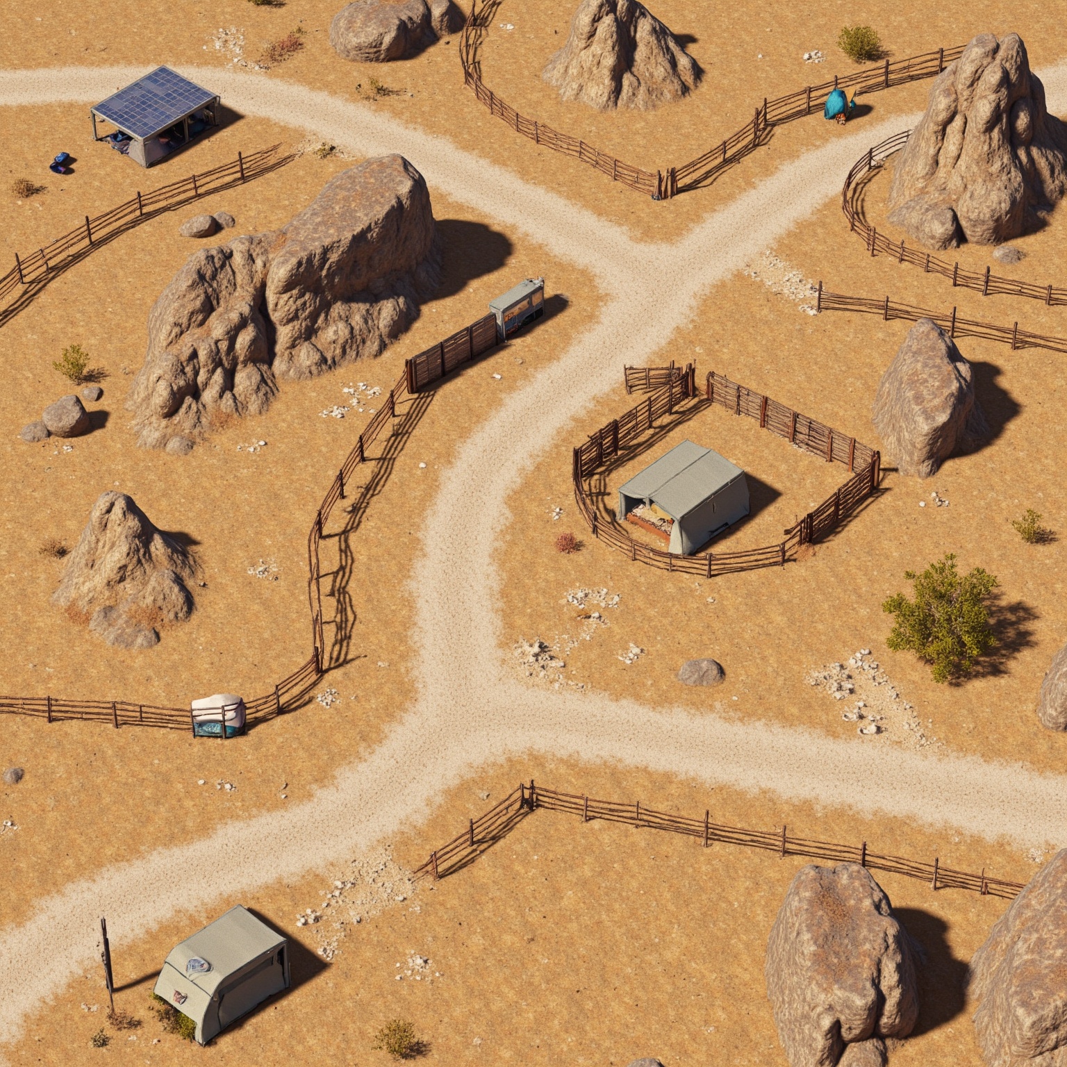 A windswept desert outpost surrounded by rocky buttes,  rusty metal fences,  solar panels on Tensor.Art
