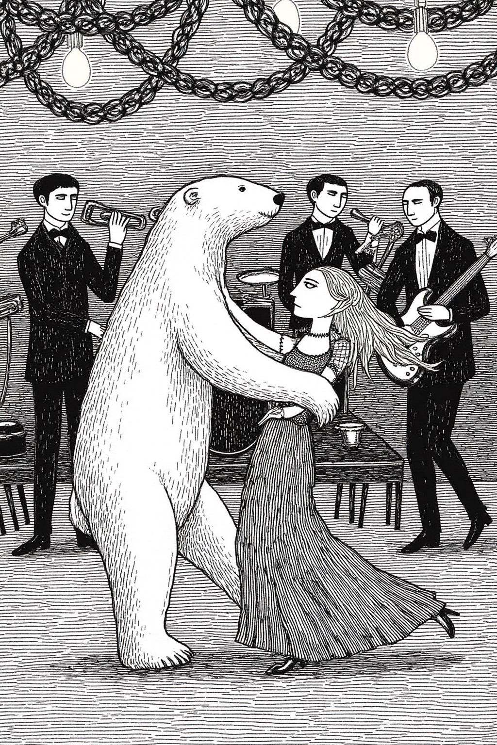 edwardgorey1 illustration.A couple dancing with a polar bear at a jazz club. A band is playing in the background. on Tenso...
