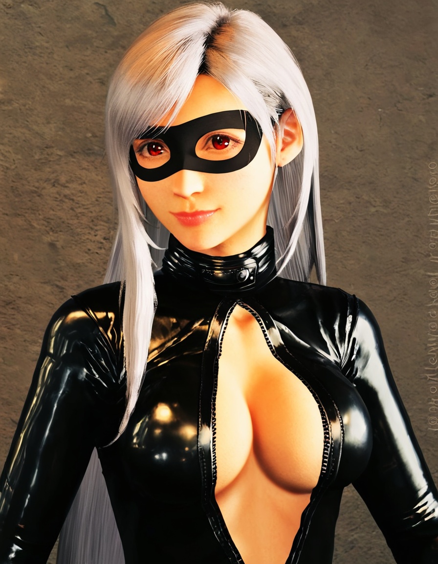 TifaCatsuit,  Create a high-resolution digital portrait of a young woman with long silver hair,  wearing a sleek black lea...