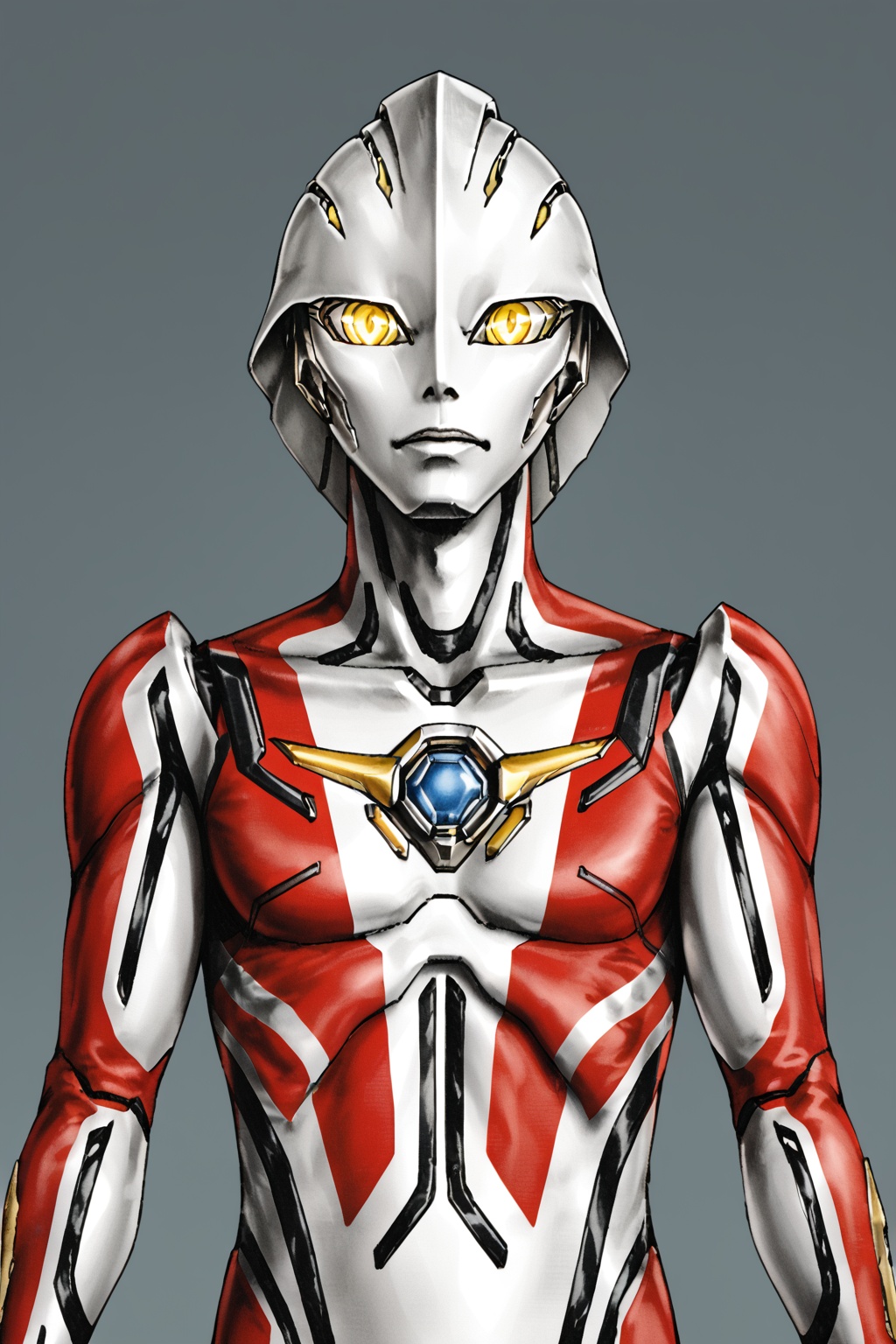 ultraman nexus, yellow eyes, solo, alien, tokusatsu, no humans, science fiction, bodysuit, glowing eyes, helmet, robot<lora:n-feian:0.8>