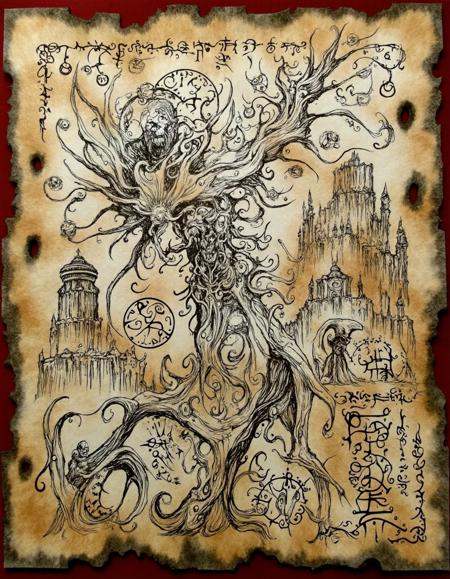 ncrnmcn,  A brittle and cracked page depicts a skeleton warrior wielding a flaming sword. The skeletal figure is clad in t...
