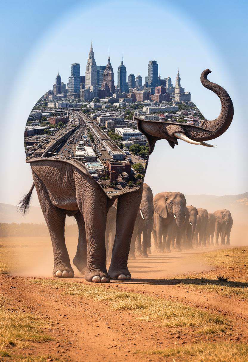 A herd of elephants crossing a dusty plain. Photoshopped onto the side of the largest elephant is a vibrant cityscape with...