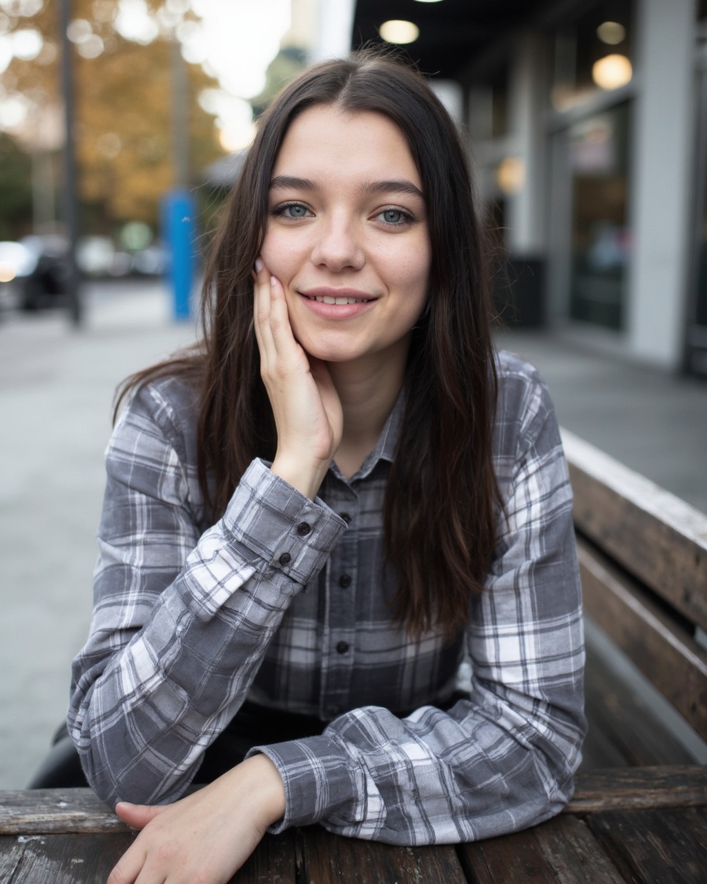 esme_cmiles with fair skin and striking blue eyes. She has long,  straight,  dark brown hair that falls past her shoulders...