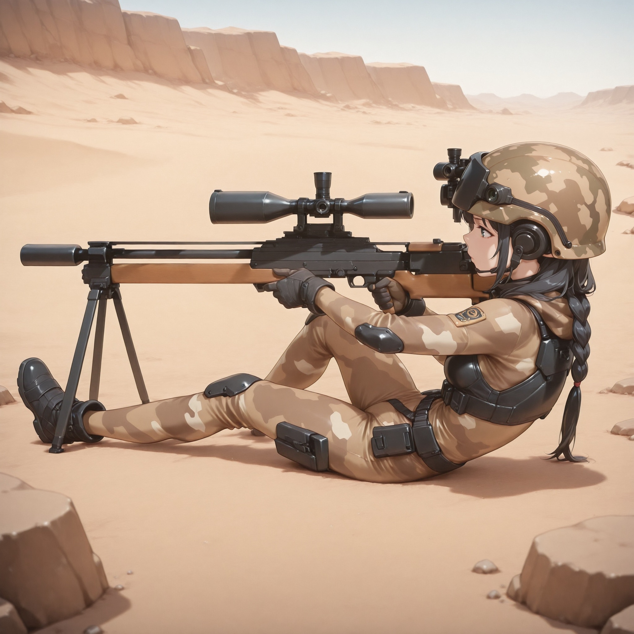 1girl,  black hair,  desert camo bodysuit on Tensor.Art