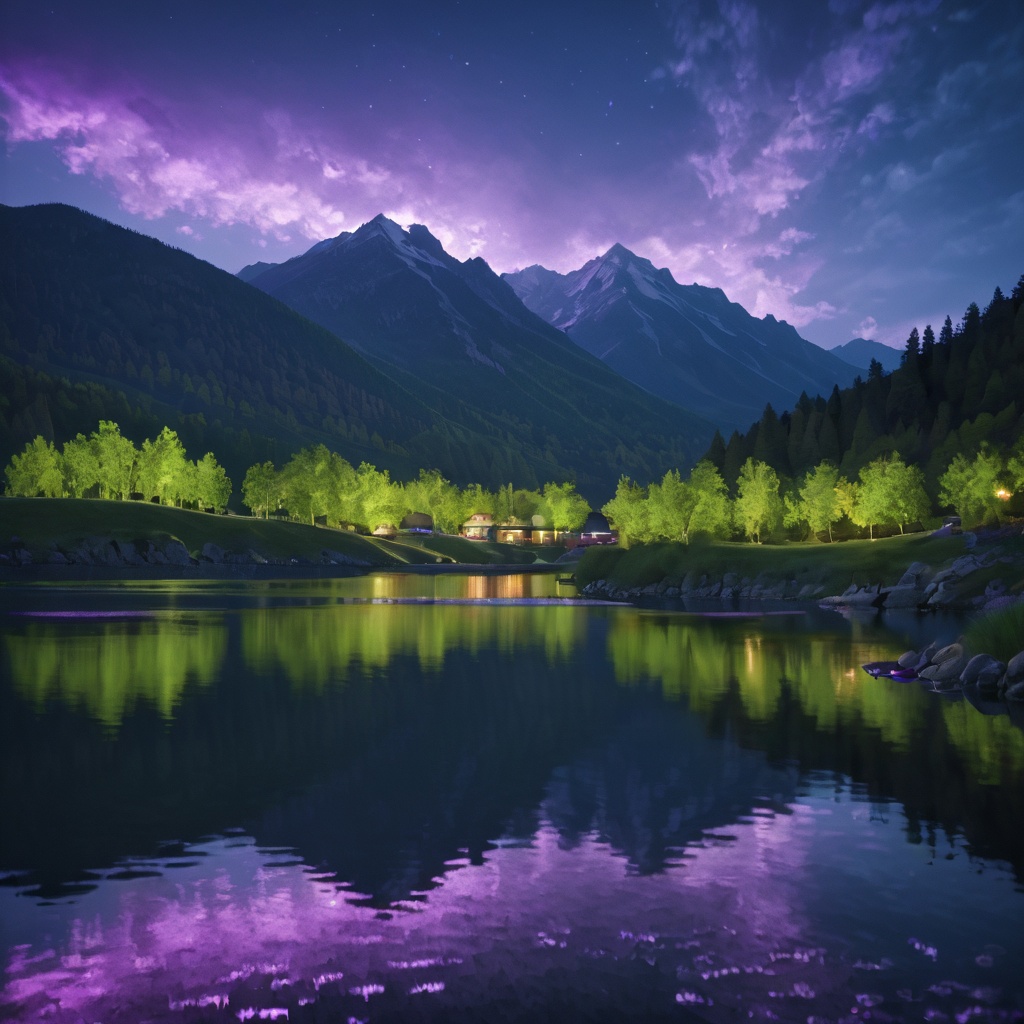 Beautiful northern lights over Lake Moraine in the Canadian Rocky Mountains,  with green and purple colors in the night sk...
