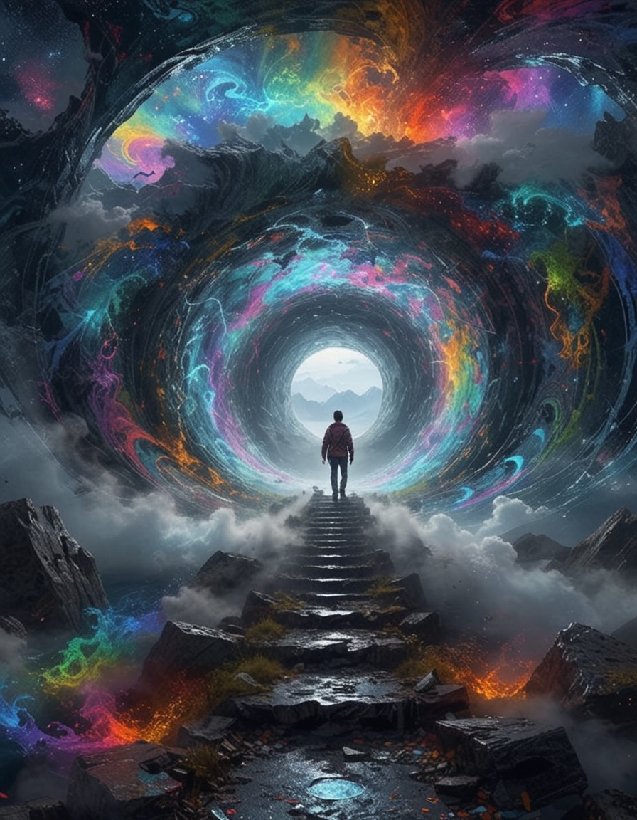 Abstract style painting Abstract colourful painting of a man walking through (inside a tunnel portal wormhole) in space ti...