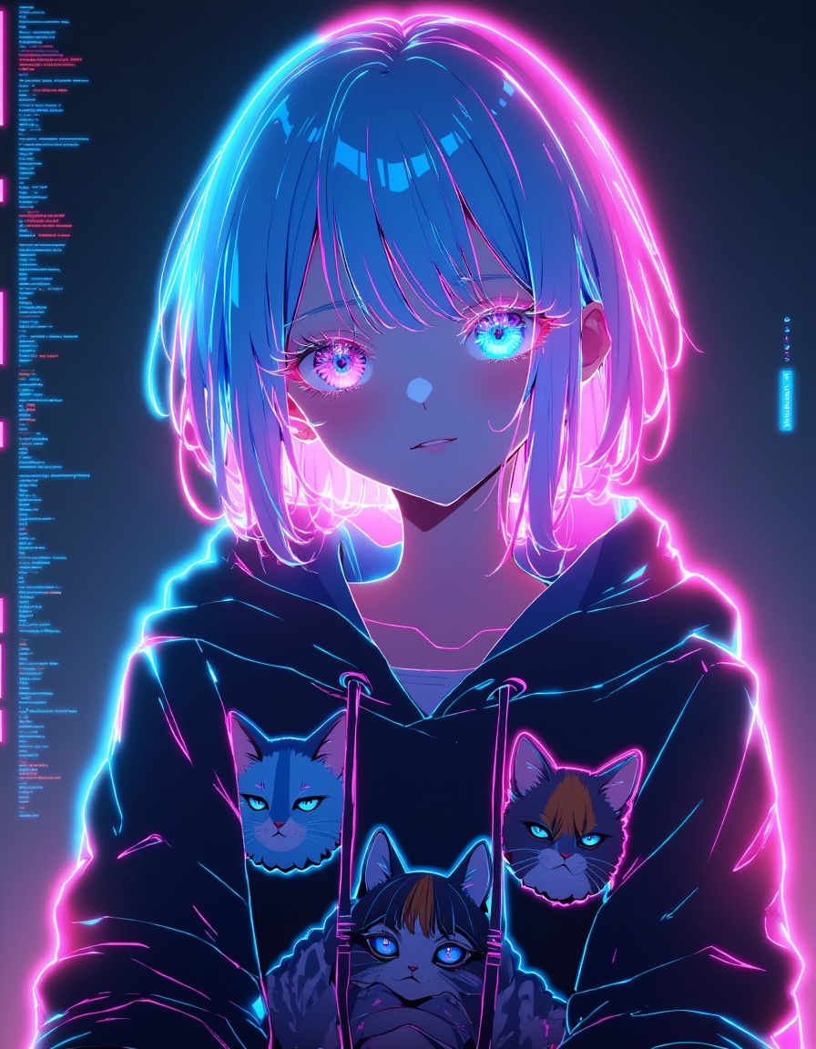 An eerie AI-like anime boy with one robotic eye glowing bright pink and neon blue hair glitching and warping. His hoodie f...