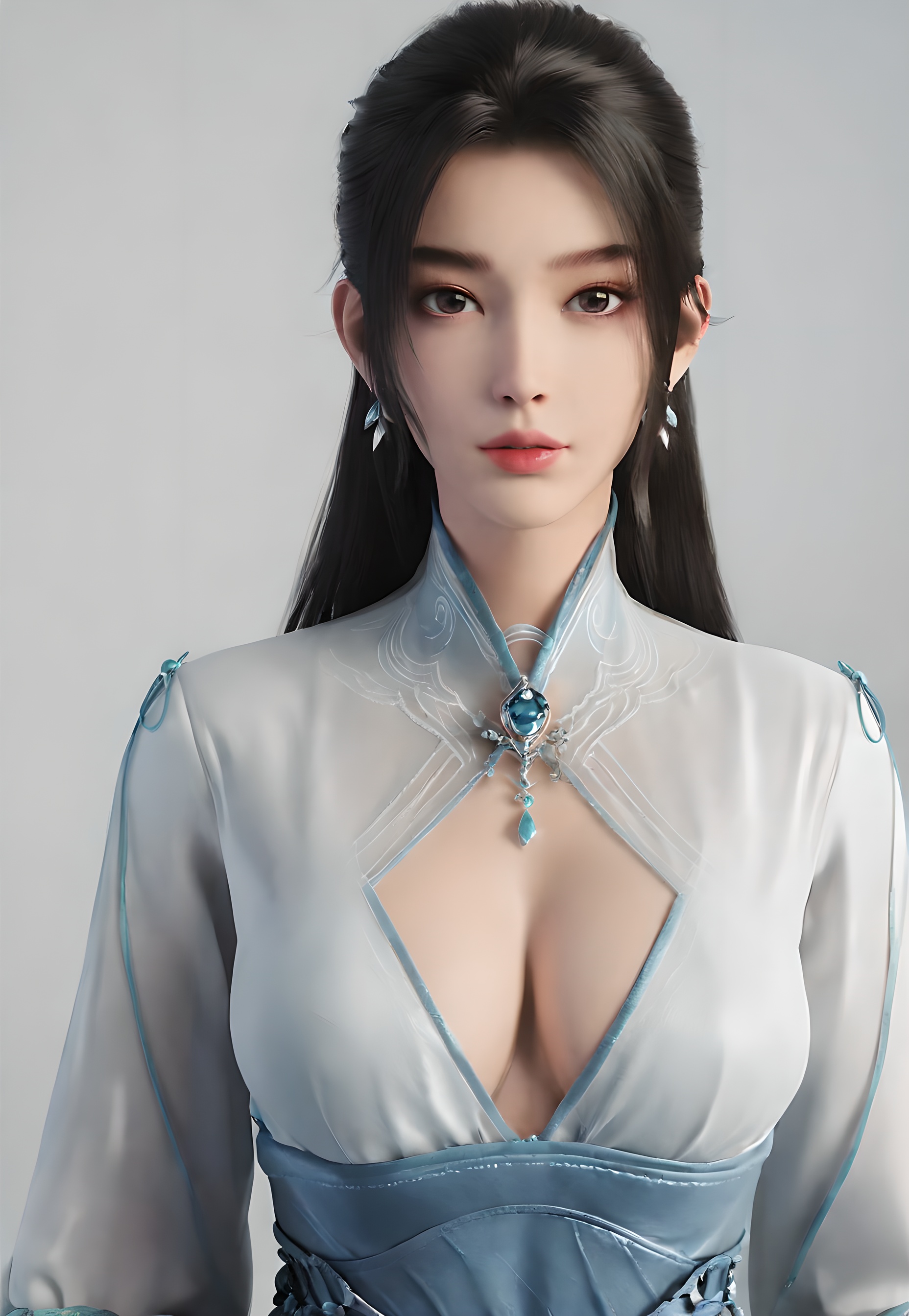 score_9,score_8_up,score_7_up,incredibly absurdres,<lora:SF_NingYao_Pony-000005:0.7>,1girl,solo,dress,large breasts,lips,jewelry,earring,long hair,looking at viewer,white background,full_shot,