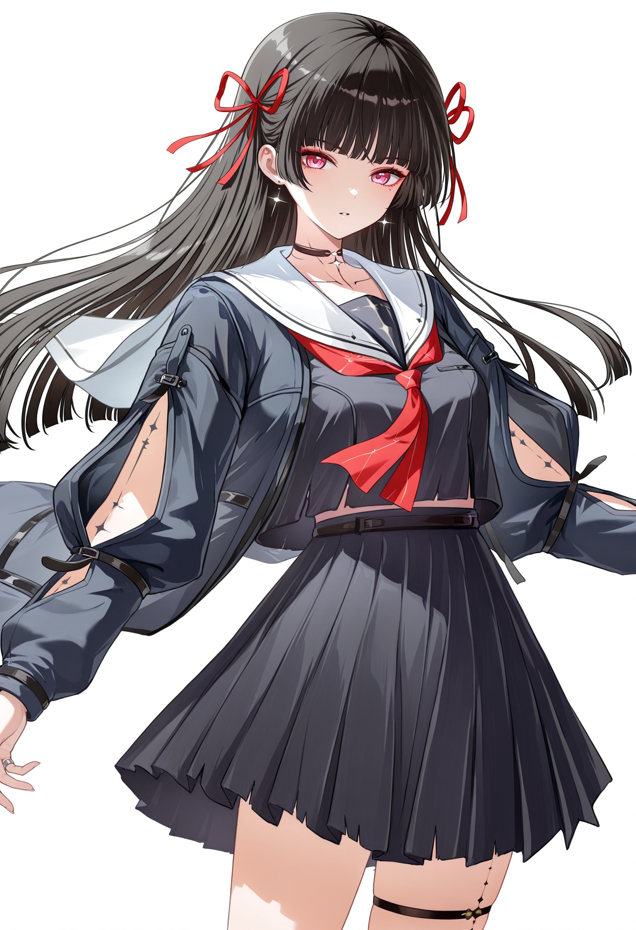<lora:chisa (wuthering waves)_Illustrious-000128:1>,chisa \(wuthering waves\),solo,skirt,looking at viewer,school uniform,hair ribbon,ribbon,white ring,black serafuku,pleated skirt,choker,black skirt,parted lips,sailor collar,long sleeves,red ribbon,jewelry,blunt bangs,shirt,red neckerchief,black shirt,cowboy shot,black choker,white sailor collar,jacket,white_background,thigh strap,cowboy_shot,front view,