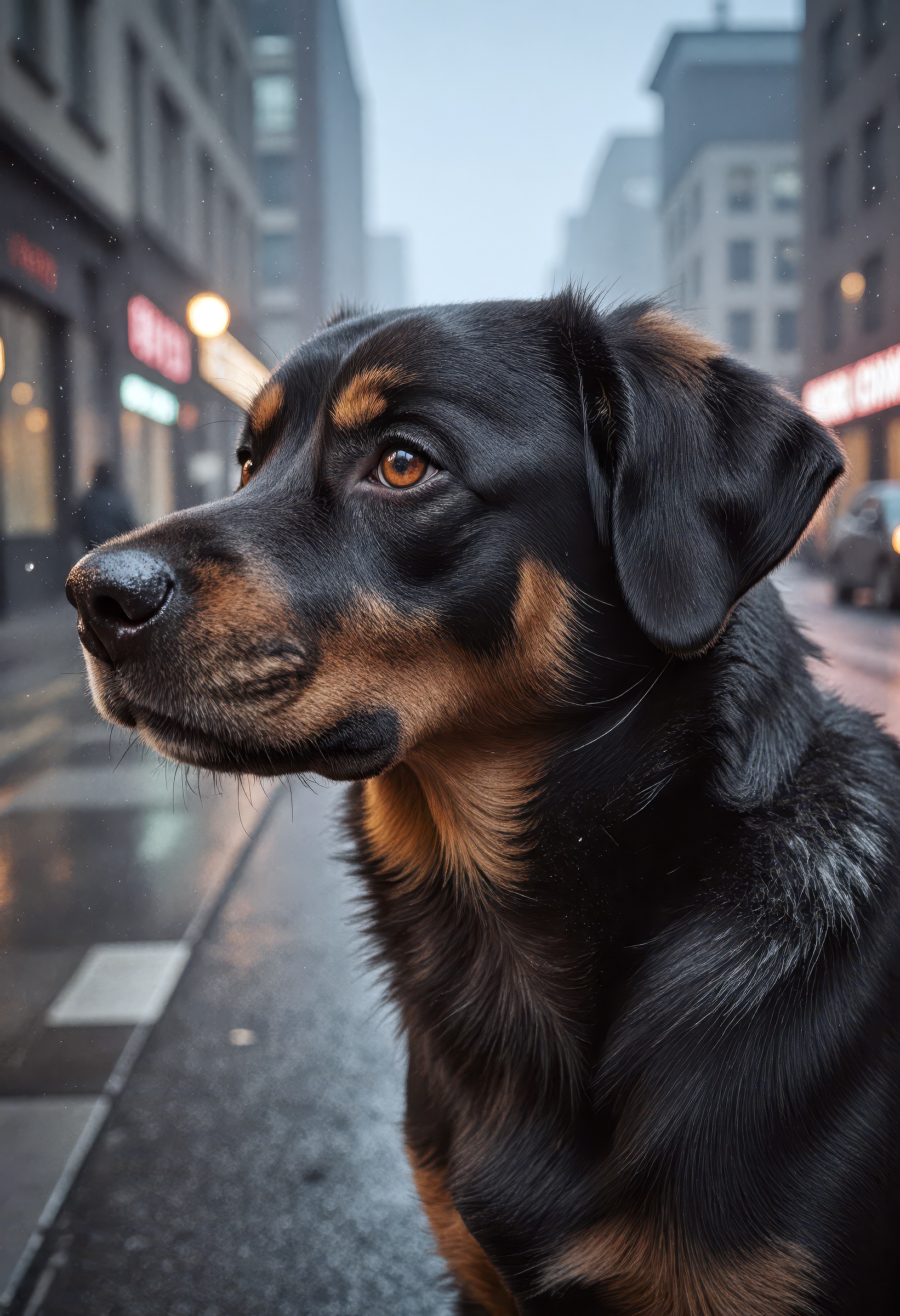Hyper-realistic,  award-style photograph of a dog captured in dense street fog,  upper profile view with a medium long sho...