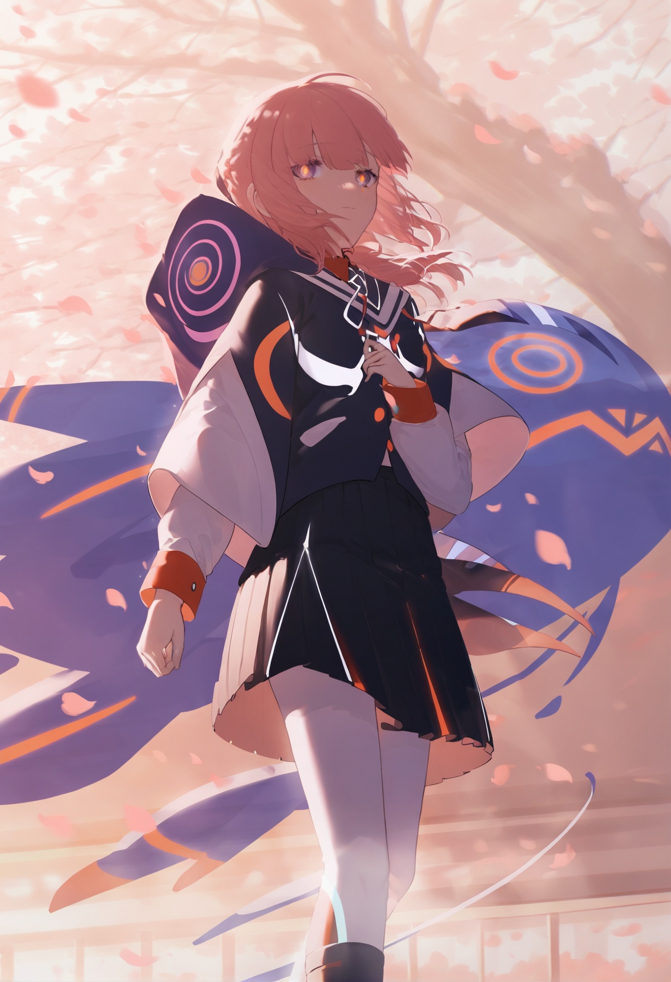 masterpiece,best quality, score_9,score_8,score_7_up,score_6_up,1girl, kaf \(kamitsubaki studio\), virtual youtuber, yellow pupils, pink hair, solo, skirt, hood, petals, long sleeves, feet out of frame, hood down, multicolored eyes, outdoors, hand on own chest, looking at viewer, falling petals, jacket, capelet, pleated skirt, hooded capelet, black skirt, wind, white pantyhose <lora:konyakarasueXLlokr4f-000140:0.95>