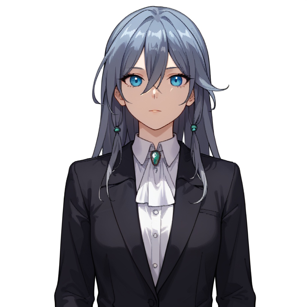 (white background:1.2),looking at viewer,(SOLO:1.4),outline,simple background,upper body, cowboy shot,looking at viewer,(((arms at side))),  fu hua, fu hua mangaver, long hair, bangs, hair between eyes, blue eyes, grey hair, hair ornament, blue hair, shirt, white shirt, polo shirt, black jacket, jacket, long sleeves<lora:fuhua-lifu-pony:0.8>