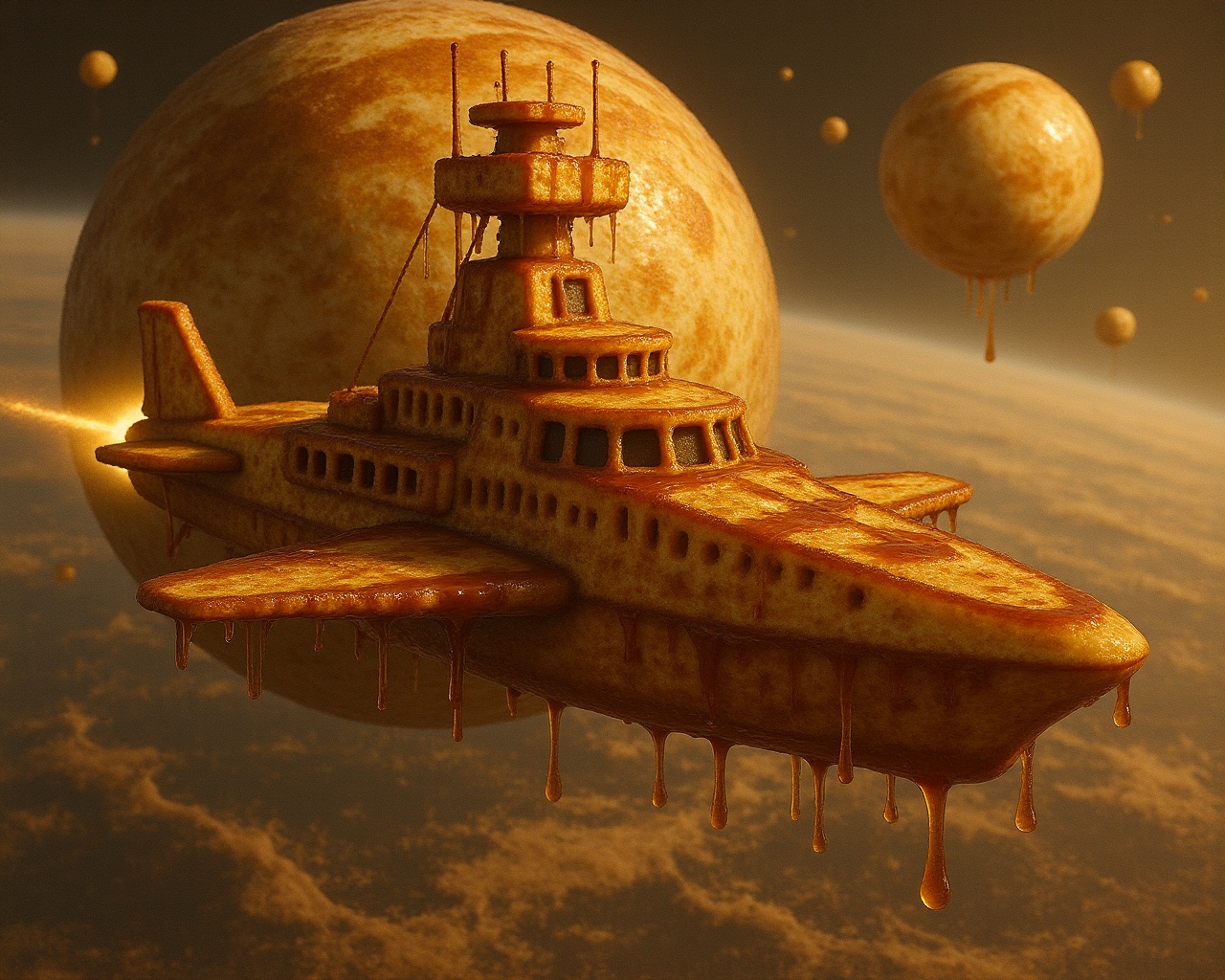A futuristic battleship made of Fr3nchT04st in orbit around a planet with maple syrup oceans on Tensor.Art