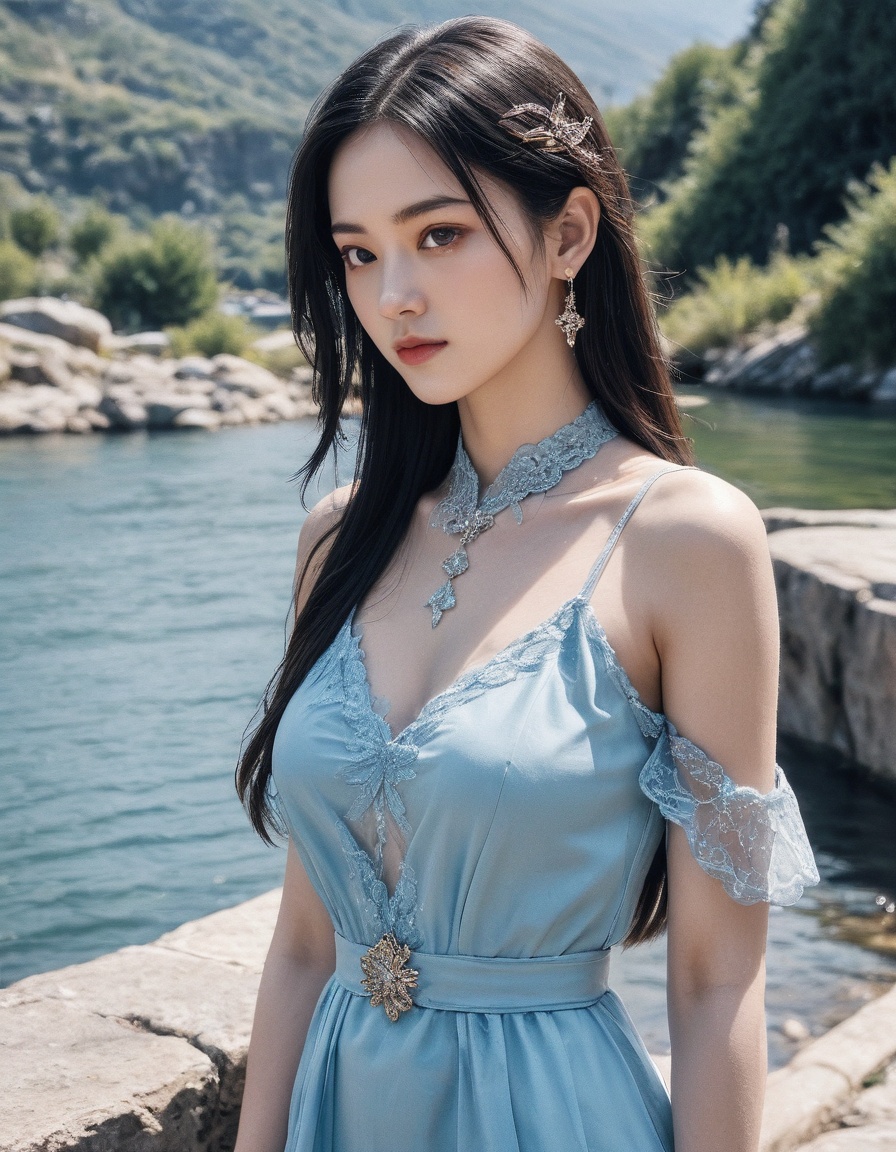 1girl, solo, upper body, young, long hair, dress, blue dress, jewelry, earrings, outdoors, black hair, mountain, see-through, water, hair ornament, 