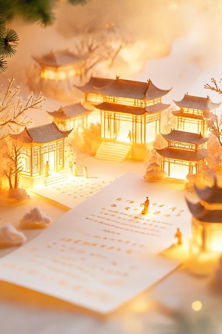 Microarchitecture,juanzhou,A whimsical, snowy scene with tiny, glowing lanterns lighting up intricate Chinese-style buildings. The lanterns create a warm, golden glow, while snowflakes and trees surround the scene. Up front, a piece of paper with Chinese script adds an educational touch. The whole vibe is chill and festive.,<lora:juanzhouv1:0.8>