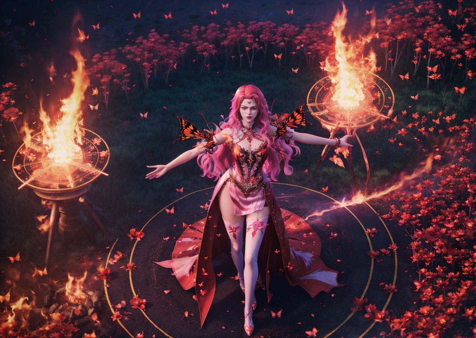 1girl,solo,long hair,pink hair,pink eyes,heart-shaped pupils,red lips,forehead mark,closed mouth,dress,thighhighs,high heels,standing,((arms behind back)),looking at viewer,outdoors,nature,flower field,((fire)),(magic circle),magic,fantasy,((butterfly)),red butterfly,sparkle,((petals)),((glowing)),(blurry),depth of field,simple background,from above,3d,Highly detailed,(ultra-detailed),(best quality,masterpiece:1.5),<lora:xidi:0.7>,
