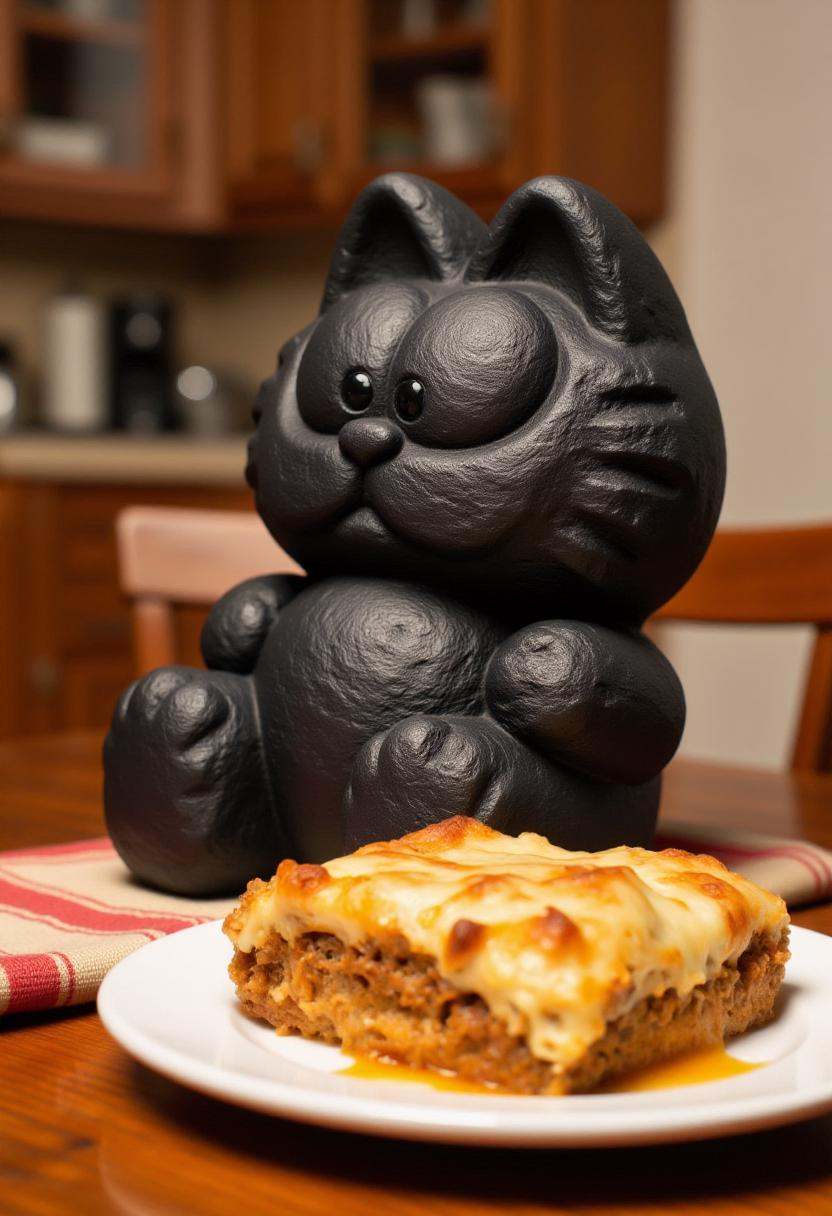 The image is a photograph of a coal statue shaped like Garfield,  sitting on a kitchen table,  next to plate of lasagna. o...
