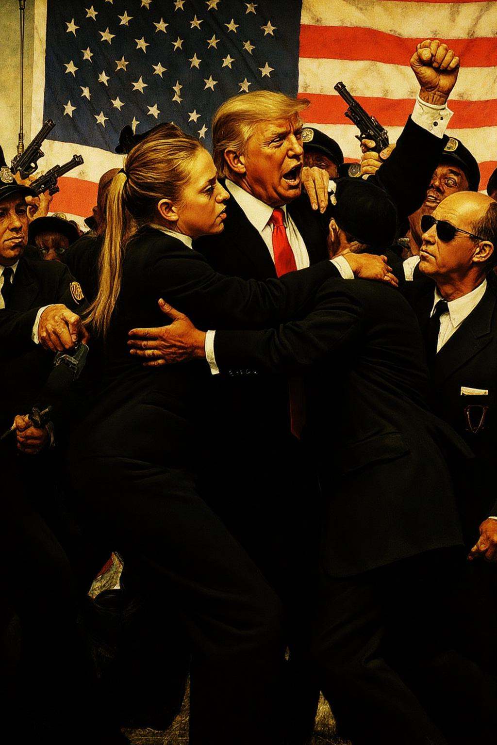 normanrockwell1 painting.A chaotic scene featuring Donad Trump hidden among a group of Secret Service Agents,  all dress i...