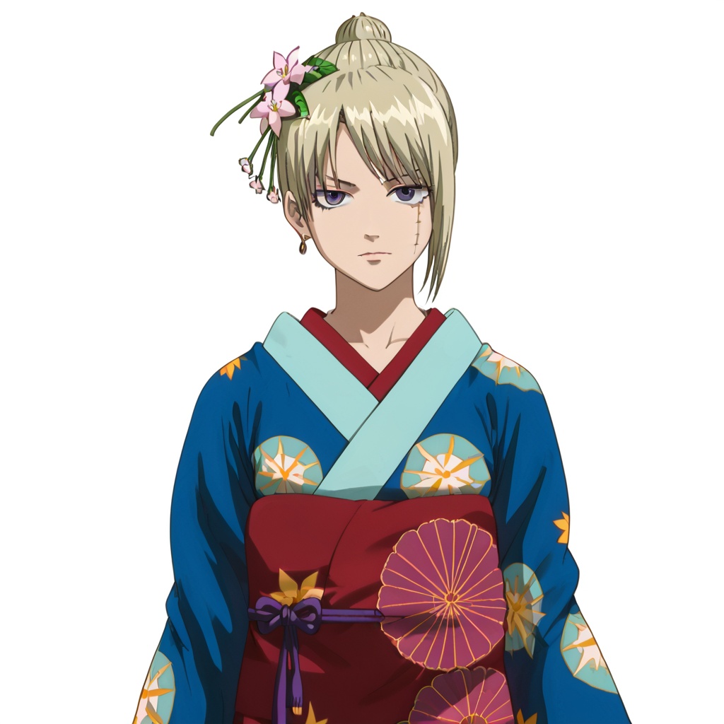 (white background:1.2),looking at viewer,(SOLO:1.4),outline,simple background,upper body, cowboy shot,looking at viewer,(((arms at side))),  Tsukuyo,purple eyes,hair bun,bangs,blonde hair,scar on cheek,pattern on kimono,wide sleeves,scar on forehead, scar on face, hakama skirt, leaf print, print kimono, long sleeves, collarbone, floral print,  jewelry, hair flower, earrings, sash,scar,kimono,japanese clothes,hair stick,hair_ornament,blue_kimono<lora:yueyong-sstf-pony:0.8>