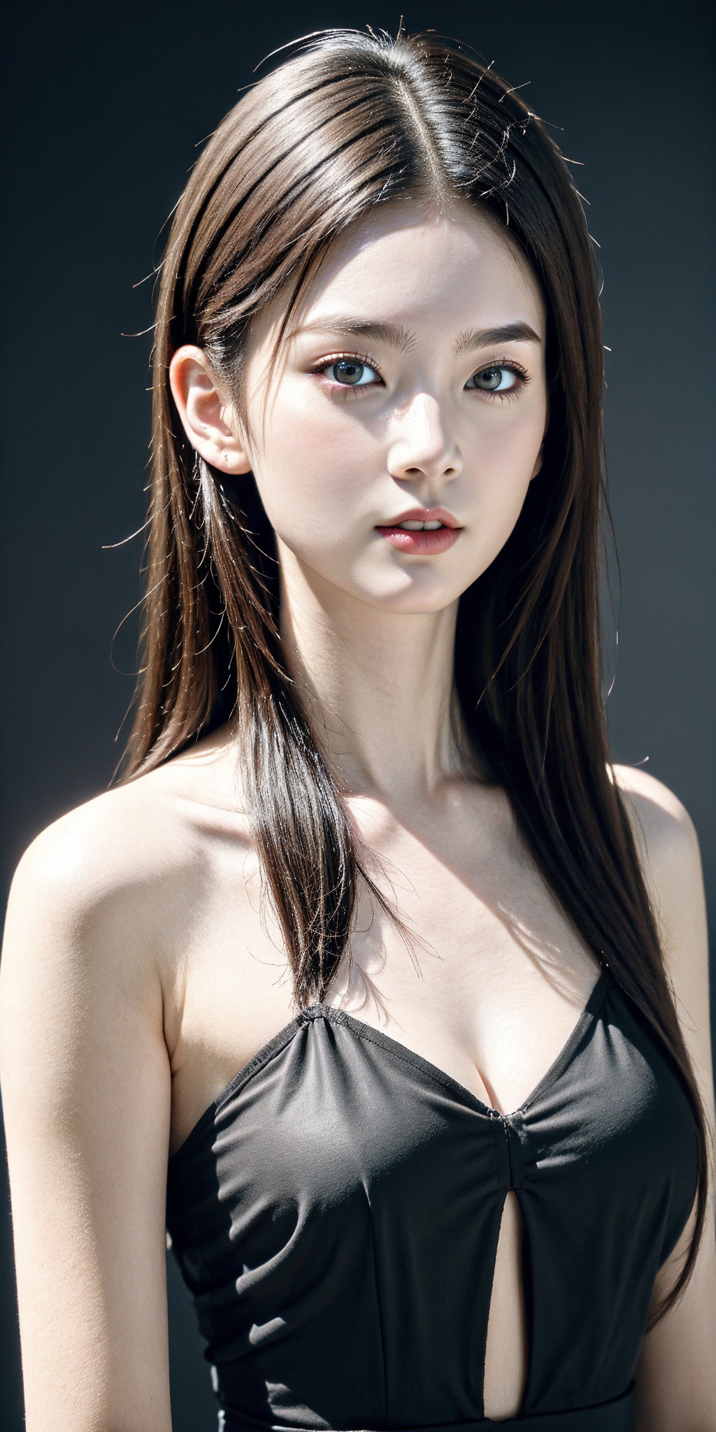 girl,brown eyes,black long hair,realistic skin,skin pores,beautiful,pretty,upper body,realistic,closed mouth,halter neck see-through dress,