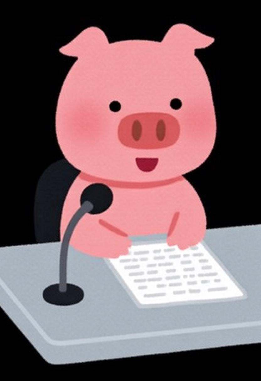 irasutoya3q illustration. A pig sitting at a gray desk. The desk has a microphone attached to its left side and a piece of...
