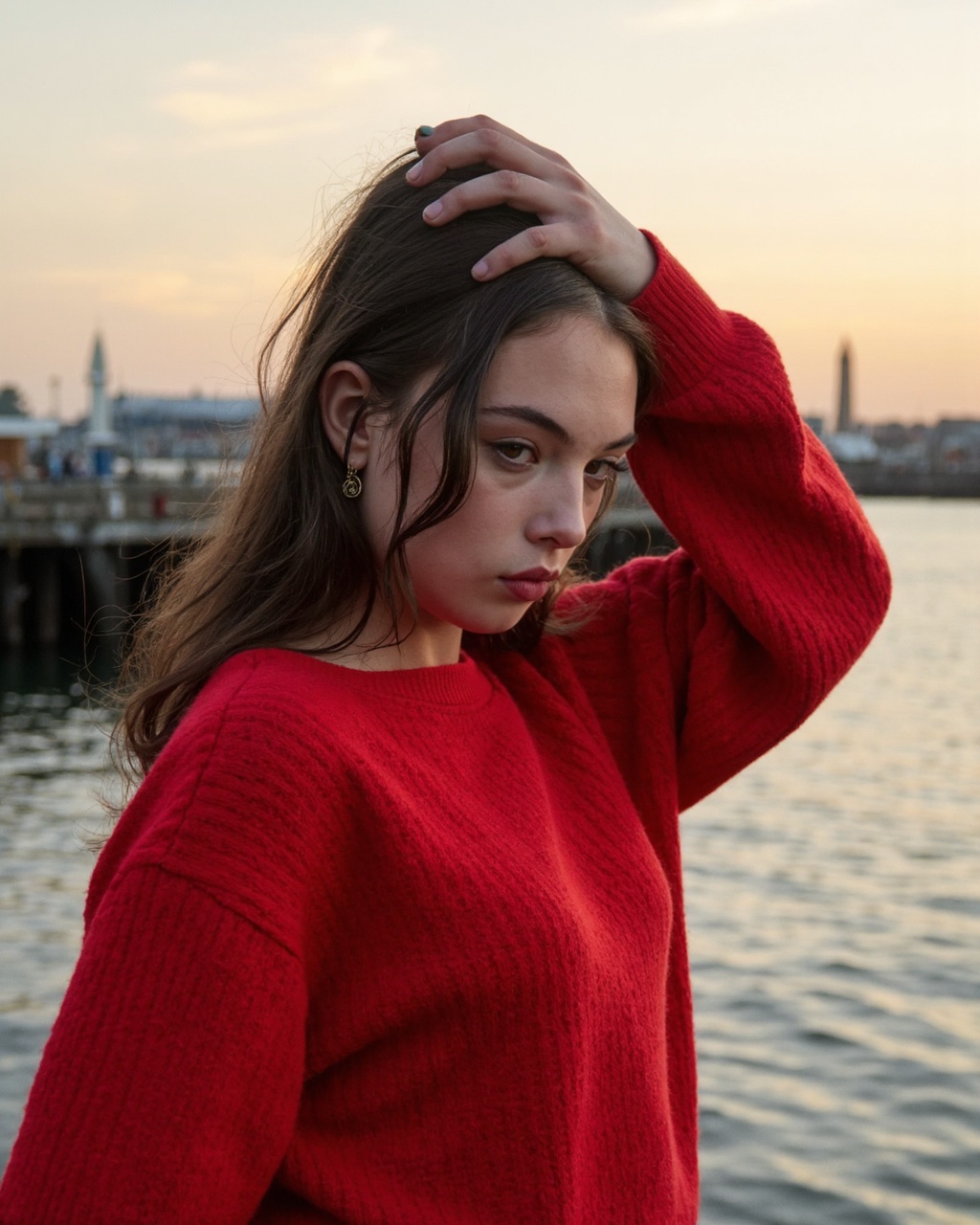 deva_cassel standing near a waterfront during the twilight hour,  when the sky is tinged with warm hues of orange and yell...