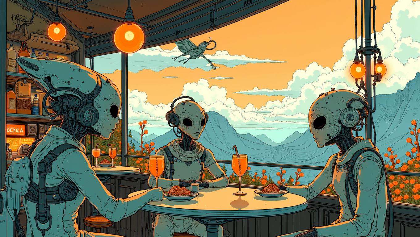 A cozy caf� on a distant planet,  with aliens of various shapes and sizes enjoying exotic beverages. The caf� is designed...
