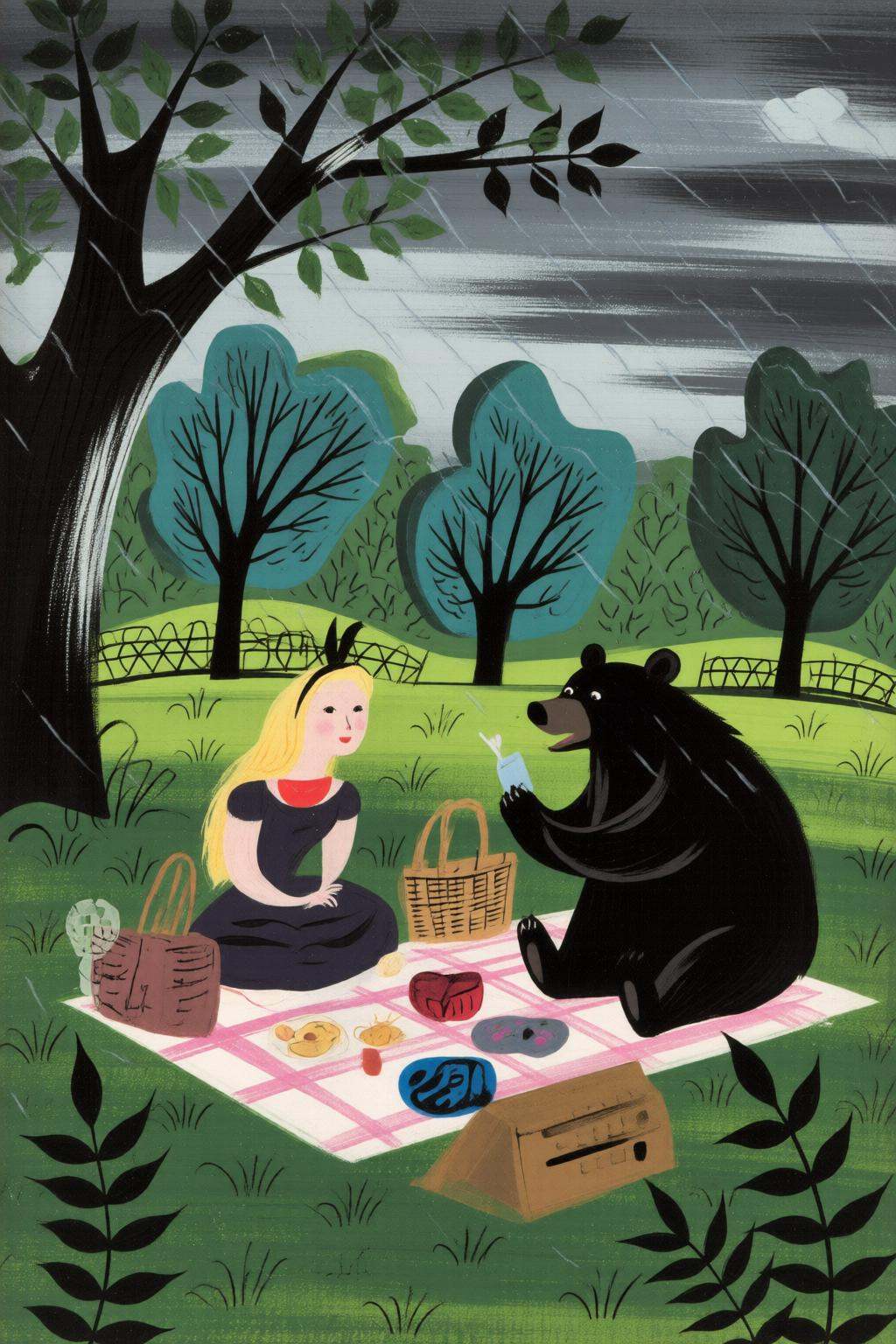 maryblair4q illustrationA woman and a black bear sitting in a park for a picnic in gloomy rainy day. on Tensor.Art